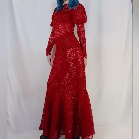 Red Floral Lace Maxi Dress with Leg-O-Mutton Sleeves. - Picture 3 of 4